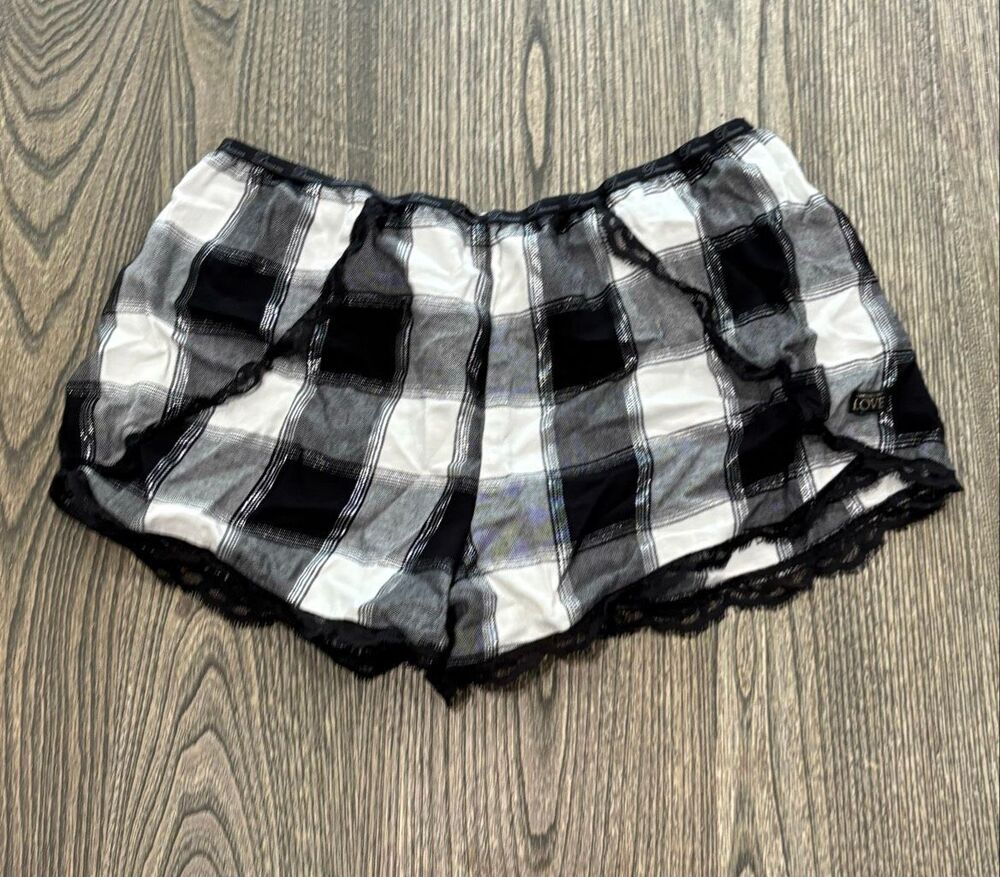 Victoria's Secret Women's Plaid Flannel Lace Trim Sleep PJ Shorts Black Medium